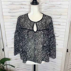 LUCKY BRAND Women’s S Floral Sheer Printed Bell Sleeve Blouse Boho Peasant Boxy